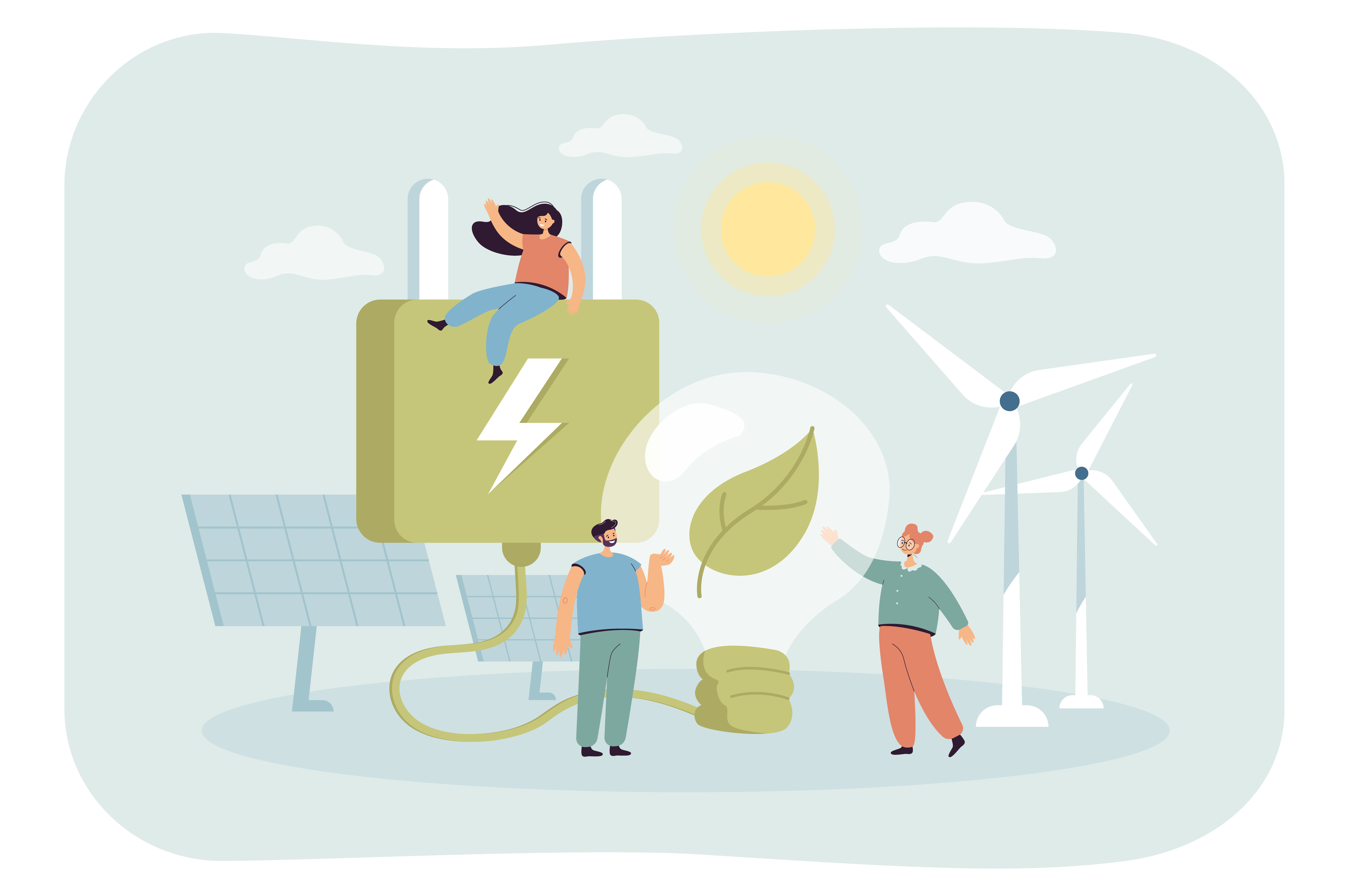 Tiny characters in village with windmills and solar panels. Save planet, people with eco-friendly lifestyle flat vector illustration. Sustainable or renewable energy, technology concept for banner